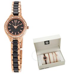 Set Đồng Hồ Và Vòng Đeo Tay Nữ Anne Klein Quartz Crystal Black Dial Ladies Watch And Bracelet 1954RNST