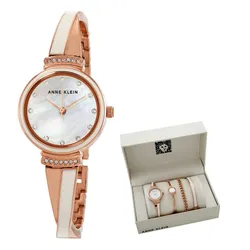 Set Đồng Hồ Và Vòng Đeo Tay Nữ Anne Klein Quartz Crystal White Dial Watch And Bracelet 2216RWST