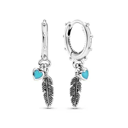 Khuyên Tai Pandora Turquoise Hearts And Feather Hoop Earrings 297205EN168 Màu Bạc