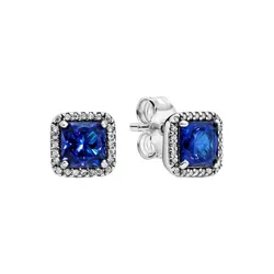 Khuyên Tai Pandora Blue Square Sparkle Halo Stud Earrings 290591NBT Màu Bạc Mặt Xanh