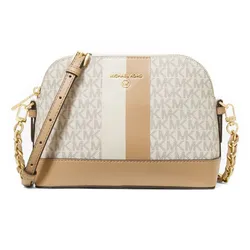 Túi Xách Michael Kors MK Large Rounded Logo And Stripe Shoulder Bag Beige White 32S2GT9C7U Màu Trắng Kem