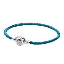 Vòng Đeo Tay Pandora Moments Seashell Clasp Turquoise Braided Leather Bracelet 598951C01 Màu Xanh Lam Size 17.5