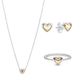 Set Dây Chuyền, Nhẫn Và Khuyên Tai Pandora Domed Golden Heart Màu Bạc