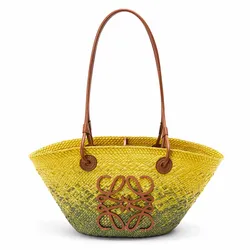 Túi Tote Loewe Small Anagram Basket Bag In Iraca Palm And Calfskin A223P65X04 Màu Vàng Xanh