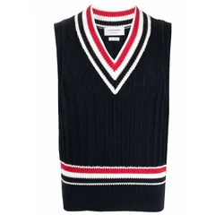 Áo Len Ghi Lê Thom Browne Stripe-Trim Knitted Vest Màu Đen Đỏ Size 1