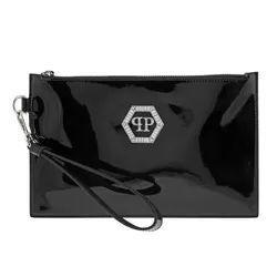 Túi Cầm Tay Philipp Plein Ladies Black Leather PP Logo Clutch Màu Đen