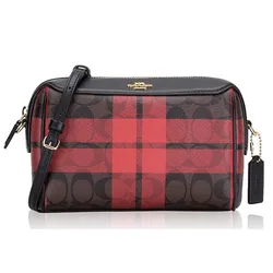 Túi Trống Coach F80068 Signature Field Plaid Print Mini Bennet Crossbody Brown True Red Phối Màu