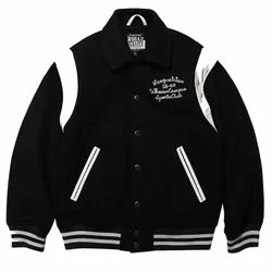 Áo Bomber WHOAU Vasity Studded Street Style Plain Logo Souvenir Jackets Màu Đen Trắng Size M