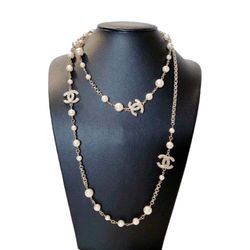CHANEL  Excellent  A18 V Chanel Pearl Long Necklace  Silver  White   BougieHabit