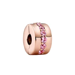 Hạt Vòng Charm Pandora Bấm Bạc Mạ Vàng Hồng 14K Đính Đá Màu Hồng