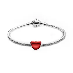 Vòng Đeo Tay Pandora Moments Và Charm Hình Trái Tim Tráng Men Đỏ Bạc