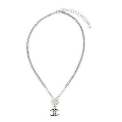 Dây Chuyền Chanel Necklace Pendant CC Mark Strass Silver Black Crystal Double Chain Màu Bạc