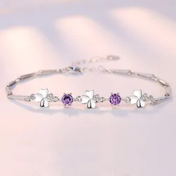Vòng Đeo Tay LiLi Jewelry Cỏ Bốn Lá Mạ Bạch Kim Đính Đá Cz Lili_612672 Màu Tím