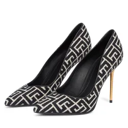 Giày Cao Gót Balmain Black In Monogram Fabric Pumps Màu Đen Họa Tiết Trắng Size 35