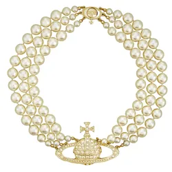 Dây Chuyền Vivienne Westwood Three Row Pearl Bas Relief Choker Gold Tone Màu Vàng Gold