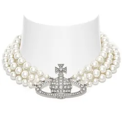 Dây Chuyền Vivienne Westwood Three Row Pearl Bas Relief Choker Màu Bạc