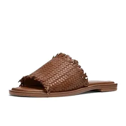 Dép Sandal Michael Kors MK Dee Woven Leather Slide Sandal Màu Nâu Size 35