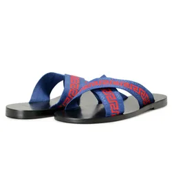 Dép Versace Men's Canvas Nastro Greca Flip Flops Sandals Shoes Màu Xanh Đỏ Size 42