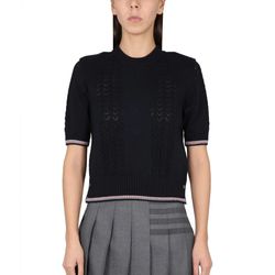Áo Thun Nữ Thom Browne Pointelle Knitted Tshirt Màu Xanh Navy Size 36
