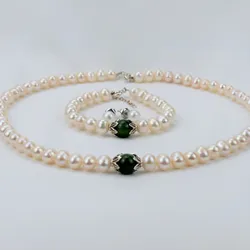 Set Dây Chuyền + Vòng Tay + Khuyên Tai  Nữ Minh Hà Pearl Jewelry Ngọc Trai Đính Đá Màu Xanh Trắng