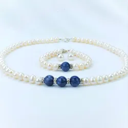 Set Dây Chuyền + Vòng Tay + Khuyên Tai Nữ Minh Hà Pearl Jewelry Ngọc Trai Phối Đá Mã Não Màu Xanh Trắng