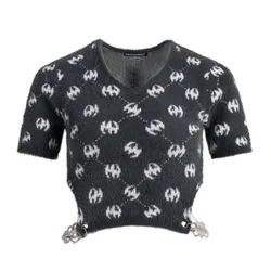 Áo Len Nữ Weird Market Cover Chain Artificial Fur Knit Tshirt Dark Grey Màu Đen Xám