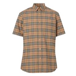 Áo Sơ Mi Nam Burberry Short-sleeve Small Scale Check Stretch Cotton Shirt Màu Nâu Size XS