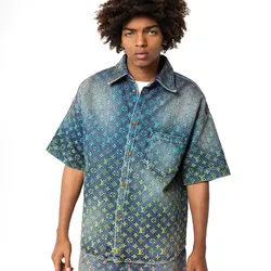 Áo Sơ Mi Bò Nam Louis Vuitton LV Rainbow Monogram Short-Sleeved Denim Shirt Màu Xanh Size XS