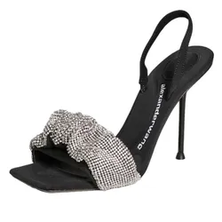 Dép Cao Gót Nữ Alexander Wang Black Crystal Scrunchie Julie Heeled Sandals 221187F125003 Màu Đen Trắng Size 36