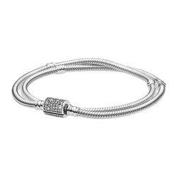 Vòng Đeo Tay Pandora Moments Chuỗi Rắn 2 Vòng Với Khóa Hình Trụ Đính Đá 599544C01 Màu Bạc Size 16