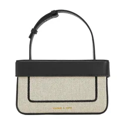 Túi Xách Tay Nữ Charles & Keith CNK Astra Canvas Contrast Trim Boxy Bag Black Textured 50701286 Màu Đen Phối Trắng