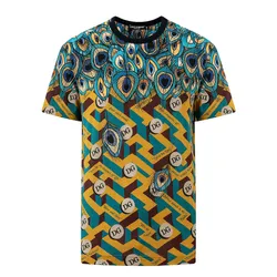 Áo Phông Nam Dolce & Gabbana D&G Feather-Print Cotton T-Shirt G8KBATFI7O2 Màu Xanh/Vàng Size 48