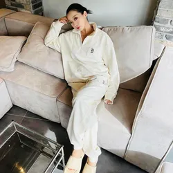 Bộ Quần Áo Nỉ MLB Khóa Nửa Basic Màu Kem Size S