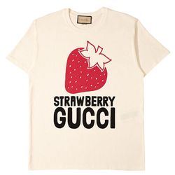 Áo Phông Unisex Gucci Strawberry Cotton TShirt Màu Be