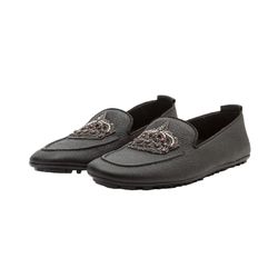 Giày Lười Nam Dolce & Gabbana D&G Moca Calfskin Slippers With Crown Embroidery In Black Màu Đen Size 38.5