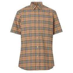 Áo Sơ Mi Nam Burberry Short-sleeve Small Scale Check Stretch Cotton Shirt Màu Nâu Size M