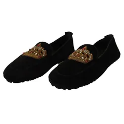 Giày Lười Dolce & Gabbana D&G Black Leather Crystal Gold Crown Loafers Shoes Màu Đen Size 42