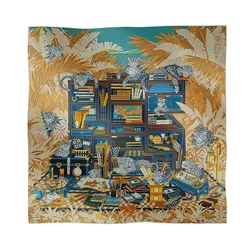 Khăn Hermès Les Douze Leopards Double Face Scarf 90 Bleu / Beige / Jaune Màu Xanh Be