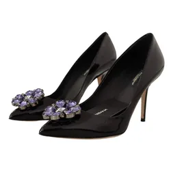 Giày Cao Gót Nữ Dolce & Gabbana D&G Black Patent Leather Crystal Heels Màu Đen Size 37