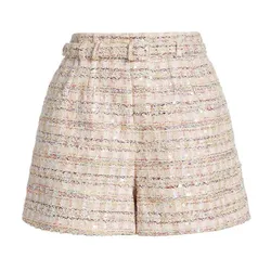 Quần Short Nữ Self-Portrait Boucle Sequin Belted Shorts Pink Màu Hồng Nhạt Size 6UK