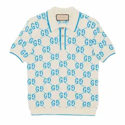 Áo Polo Nam Gucci GG Knitted Cotton Polo Shirt 741962 XKC6B 9028 Màu Trắng Xanh