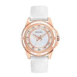 Đồng Hồ Nữ Bulova Women's Quartz Diamond Accents Rose Gold White Leather Watch 98S119 Màu Trắng