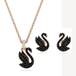 Combo Dây Chuyền + Khuyên Tai Nữ Swarovski Iconic Swan Black, Rose Gold-Tone Plated Màu Đen