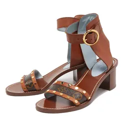 Dép Cao Gót Nữ Louis Vuitton LV Brown Leather And Monogram Canvas Passenger Sandals Màu Nâu Size 36.5