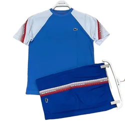 Bộ Quần Áo Cộc Tay Nam Lacoste Men's Sport Fit With Logo Stripe Short Màu Xanh Trắng Size 3
