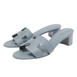 Dép Nữ Hermès Grey Leather Oasis Slide Sandals Màu Xám Xanh Size 38