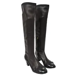 Giày Boot Nữ Chanel Black Leather Ruffle CC Cap Toe Knee High Heeled Màu Đen Size 36