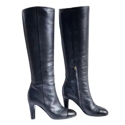 Giày Boot Nữ Chanel Calfskin Leather Kneehigh Màu Đen Size 36.5