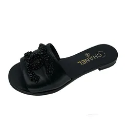 Dép Nữ Chanel Lambskin Beaded CC Mules Sandals Màu Đen Size 38