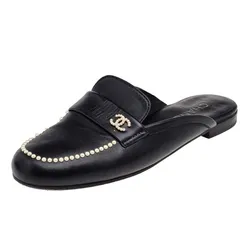 Dép Sục Nữ Chanel Black Leather CC Pearl Embellished Flat Loafers Màu Đen Size 36.5